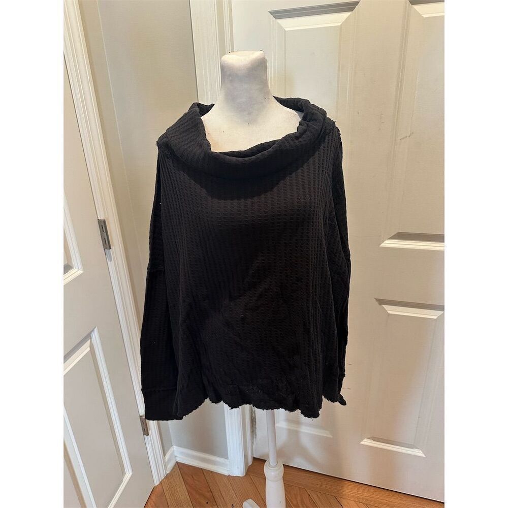 We The Free by Free People Women's Black Cowl Neck Waffle Knit Top S